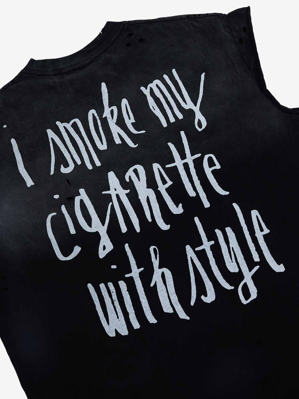 Retro Distressed Sleeveless Knit Tee with Letter Print