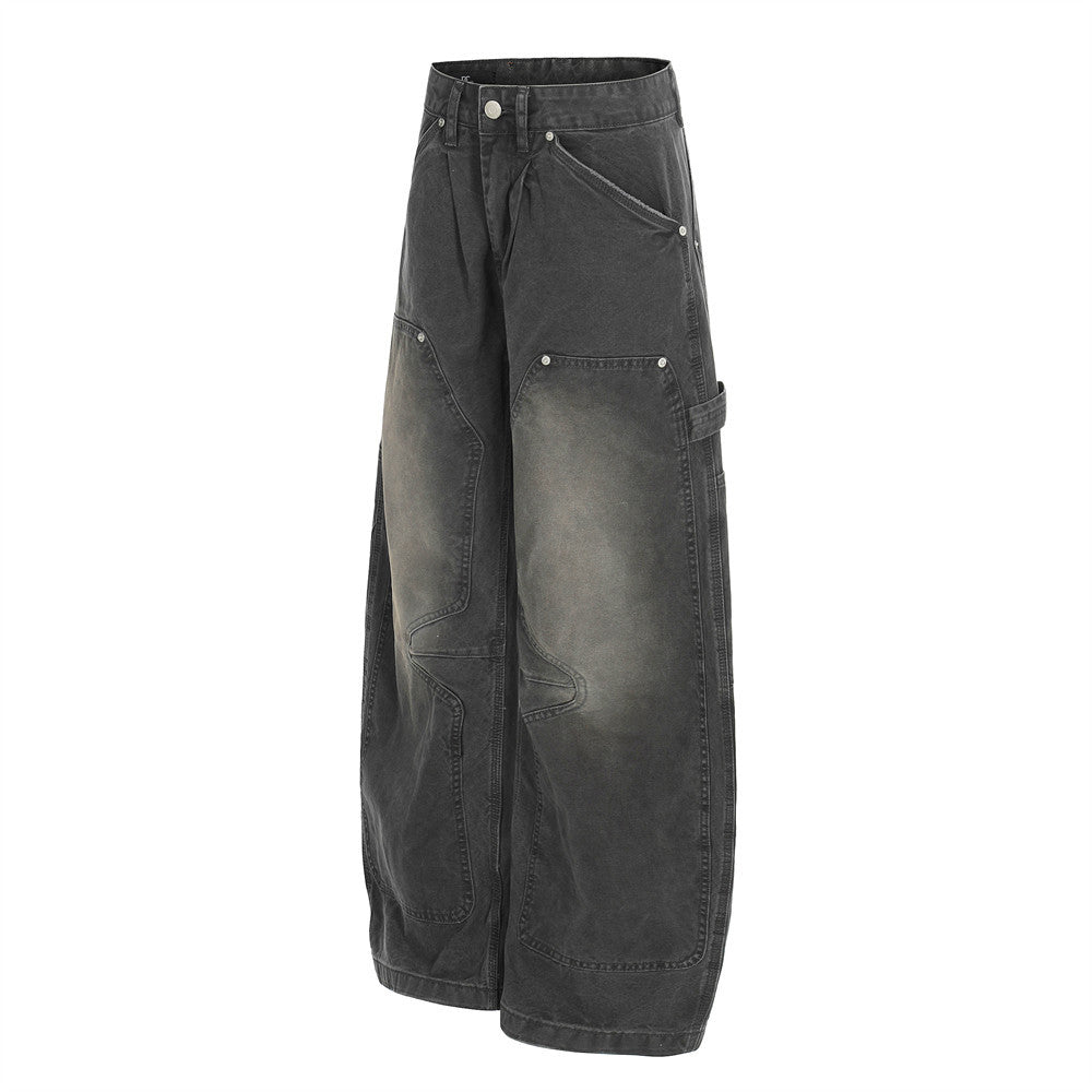 Wasteland-Inspired Distressed Patchwork Wide-Leg Denim Trousers