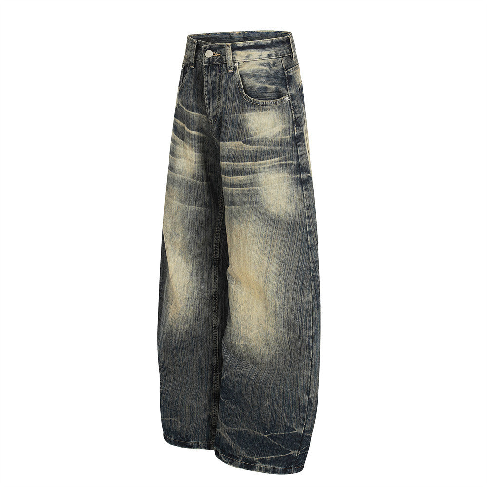 Retro Punk Washed Faded Wide-Leg Distressed Denim Scimitar Pants