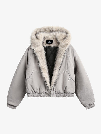 Quilted Jacket with Spliced Fur Hood