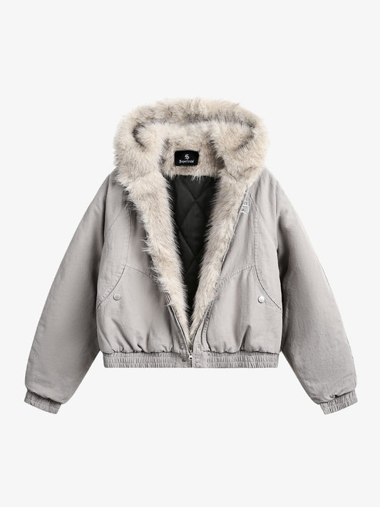 Quilted Jacket with Spliced Fur Hood