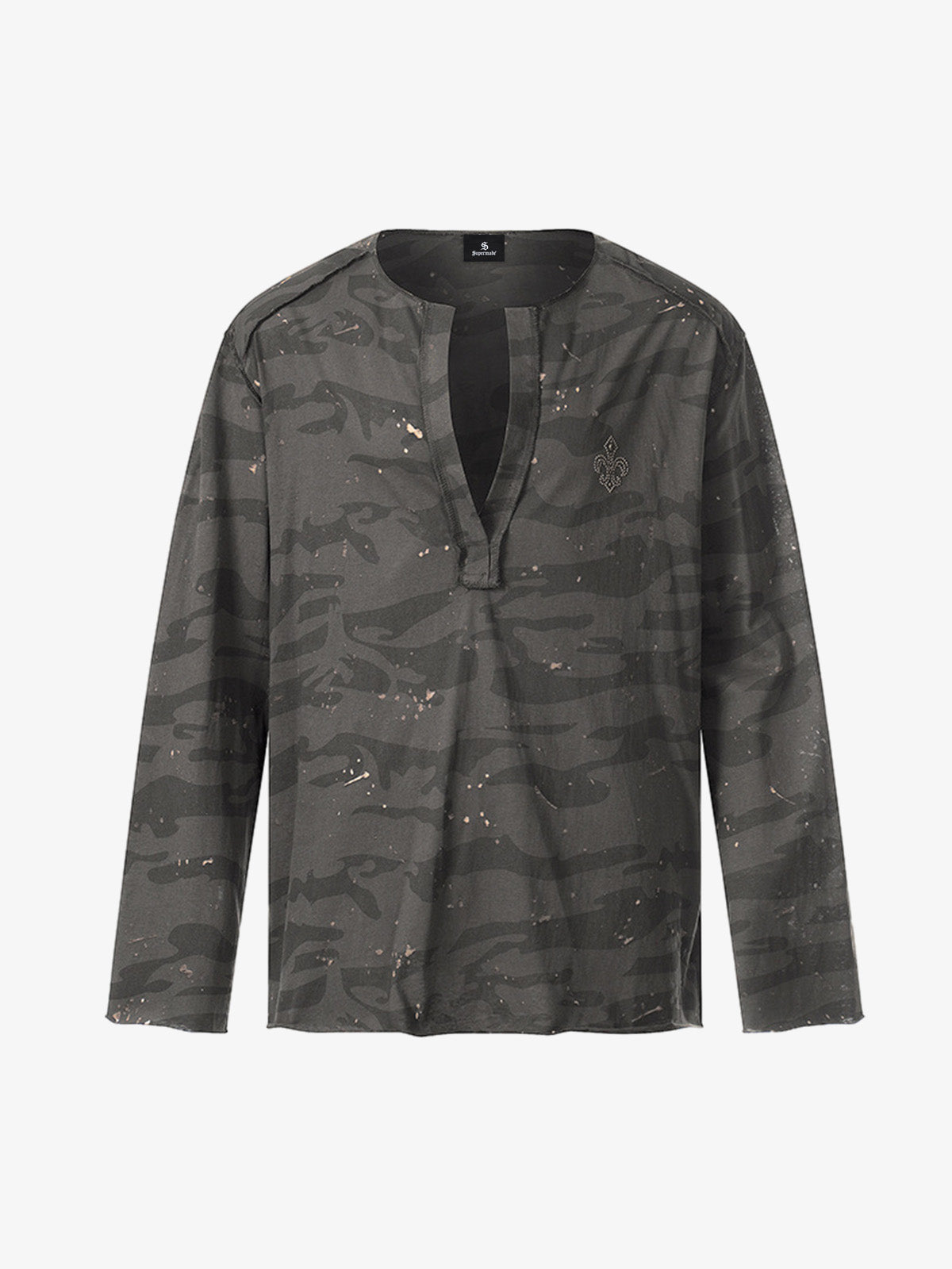 V-Neck Henley T-Shirt with Distressed Camo and Paint Splatter Design