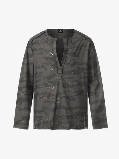 V-Neck Henley T-Shirt with Distressed Camo and Paint Splatter Design