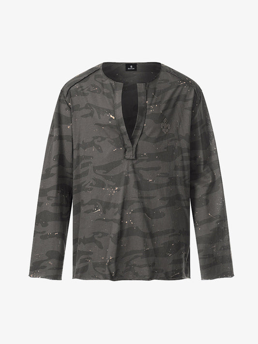 V-Neck Henley T-Shirt with Distressed Camo and Paint Splatter Design