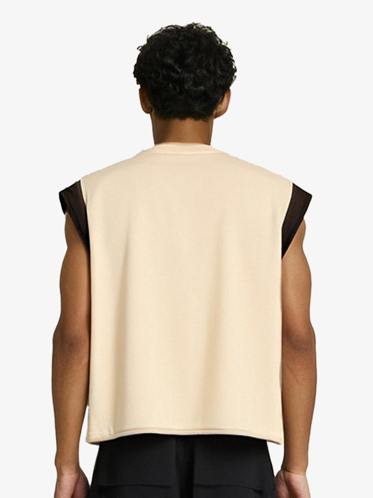 Raw Edge Sleeveless T-Shirt with Graffiti Graphic and Contrast Trim