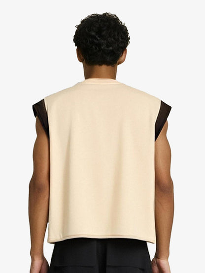 Raw Edge Sleeveless T-Shirt with Graffiti Graphic and Contrast Trim