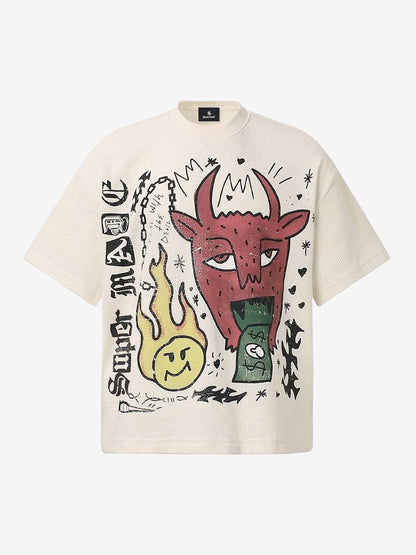 Oversized Waffle Knit T-Shirt with Graffiti Devil Graphic