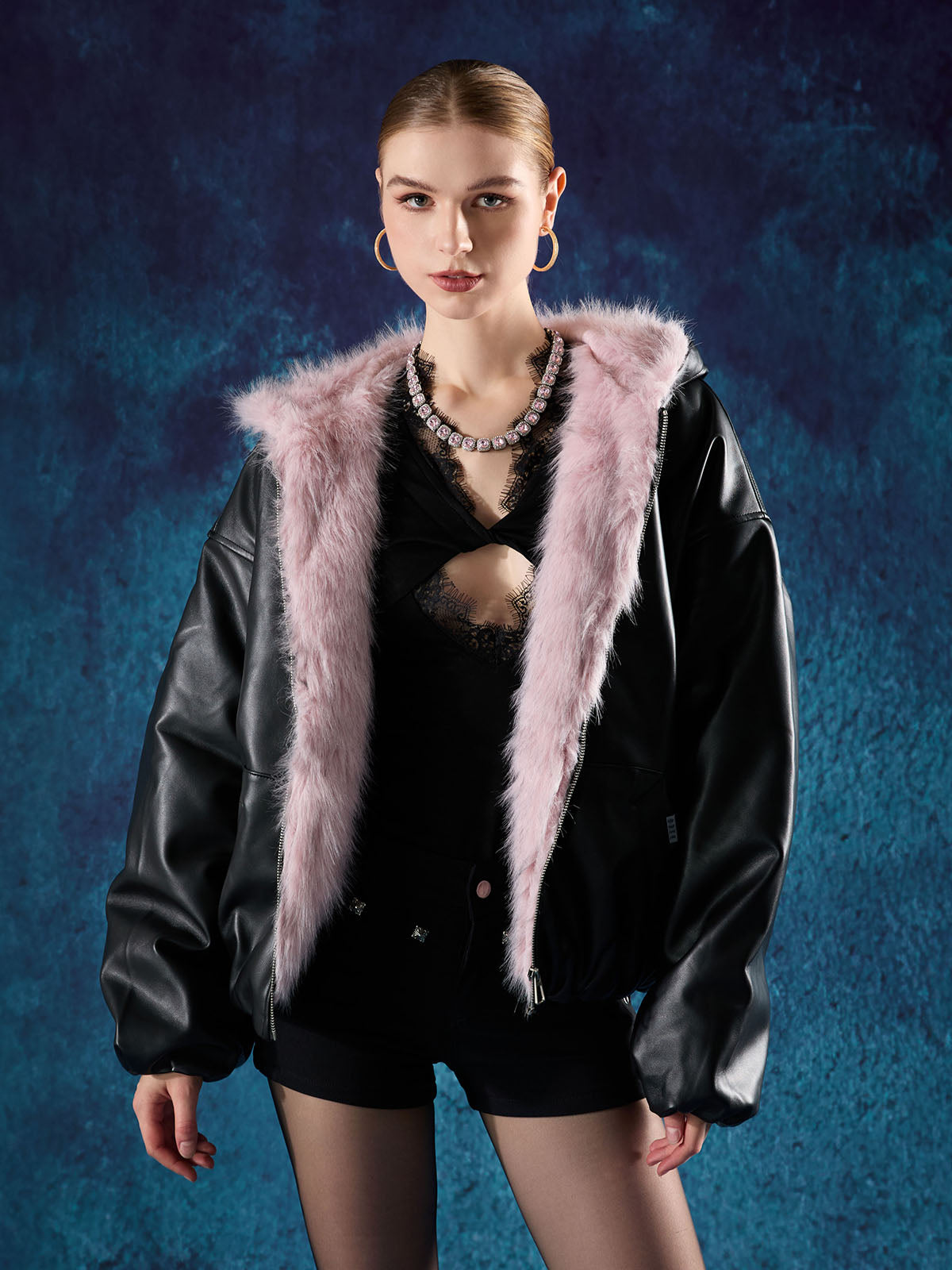 Quilted Pink Leather Jacket with Fur Hood