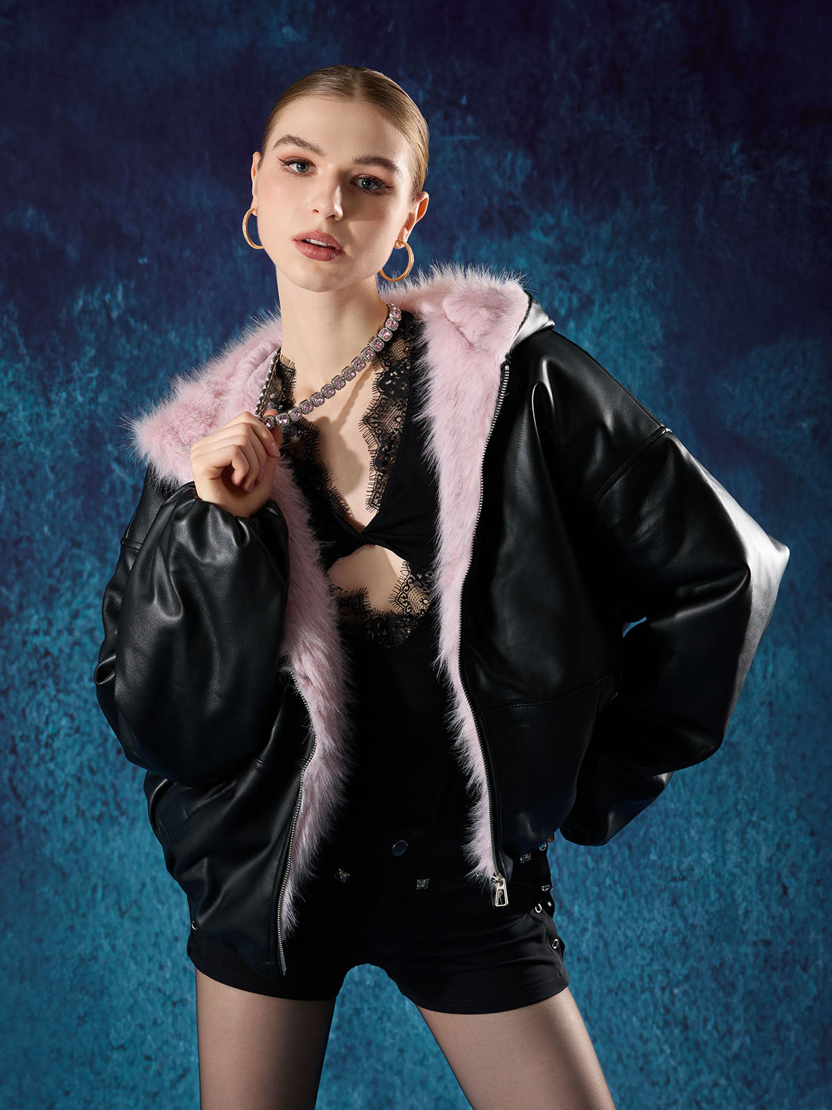 Quilted Pink Leather Jacket with Fur Hood