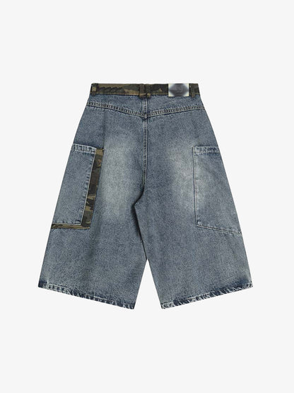 Camouflage Patchwork Denim Cargo Shorts