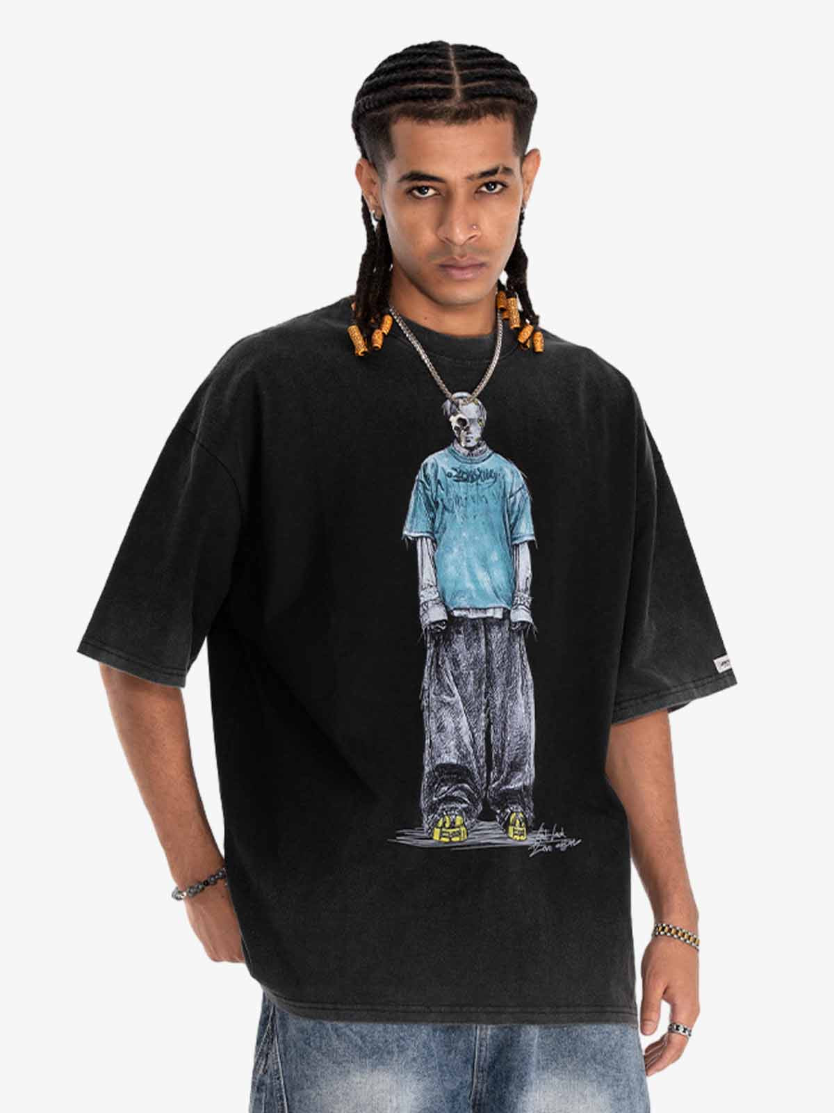 Retro Distressed Skeleton Print Oversized Tee