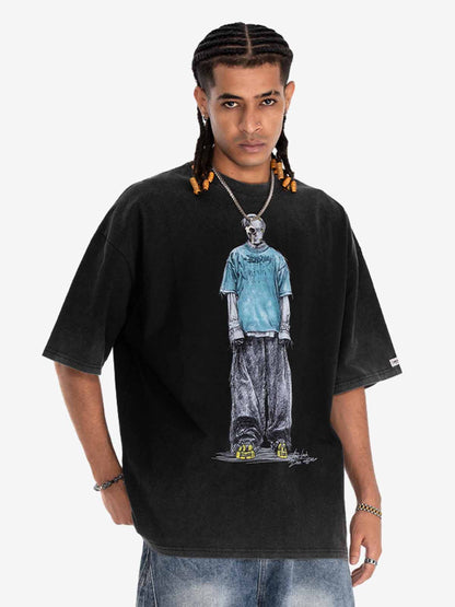 Retro Distressed Skeleton Print Oversized Tee