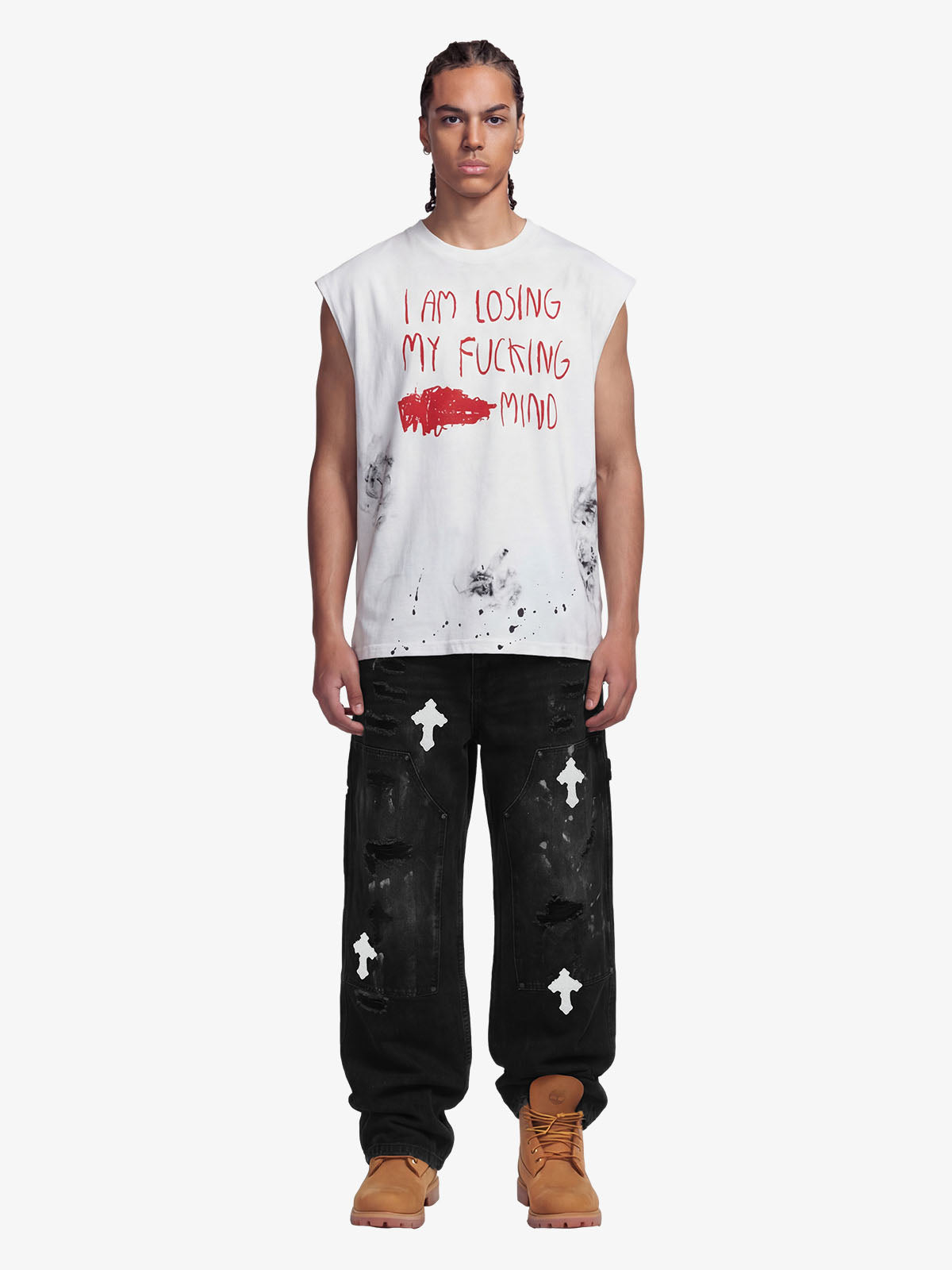 Distressed Raw Hem Sleeveless shirt with Grunge Slogan Print