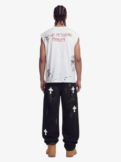 Distressed Raw Hem Sleeveless shirt with Grunge Slogan Print