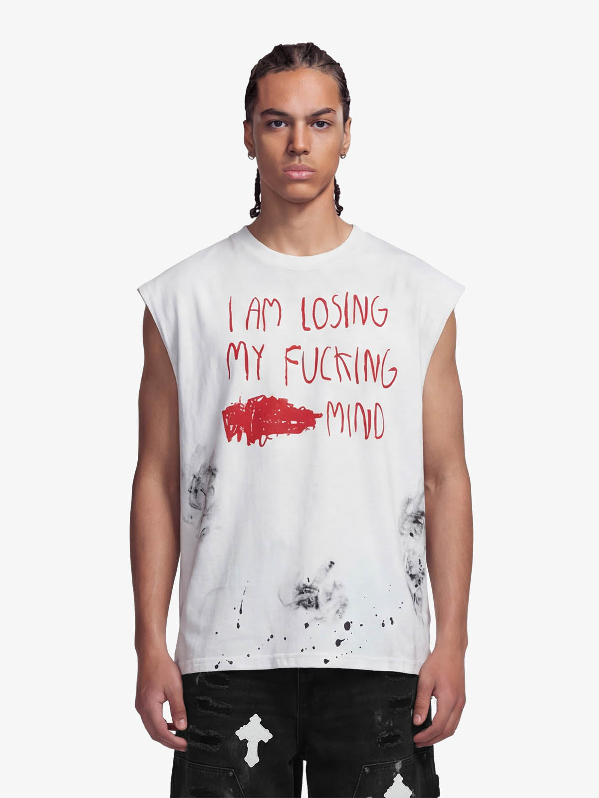 Distressed Raw Hem Sleeveless shirt with Grunge Slogan Print