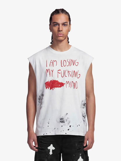 Distressed Raw Hem Sleeveless shirt with Grunge Slogan Print