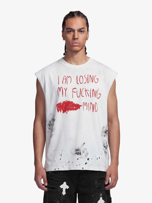 Distressed Raw Hem Sleeveless shirt with Grunge Slogan Print