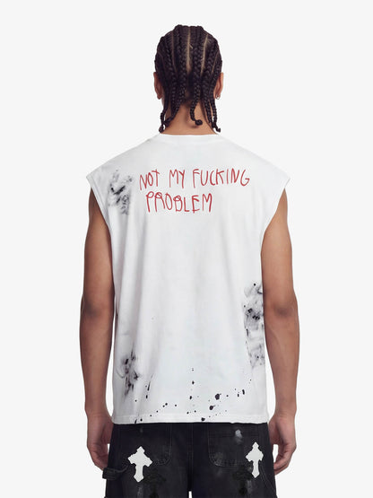 Distressed Raw Hem Sleeveless shirt with Grunge Slogan Print