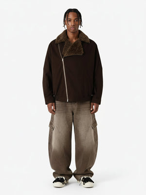 Quilted Lambswool Collar Jacket with Oblique Zipper - Street Punk Style