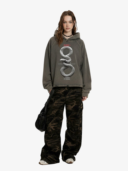 Vintage Washed Snake Appliqué Pullover Hoodie