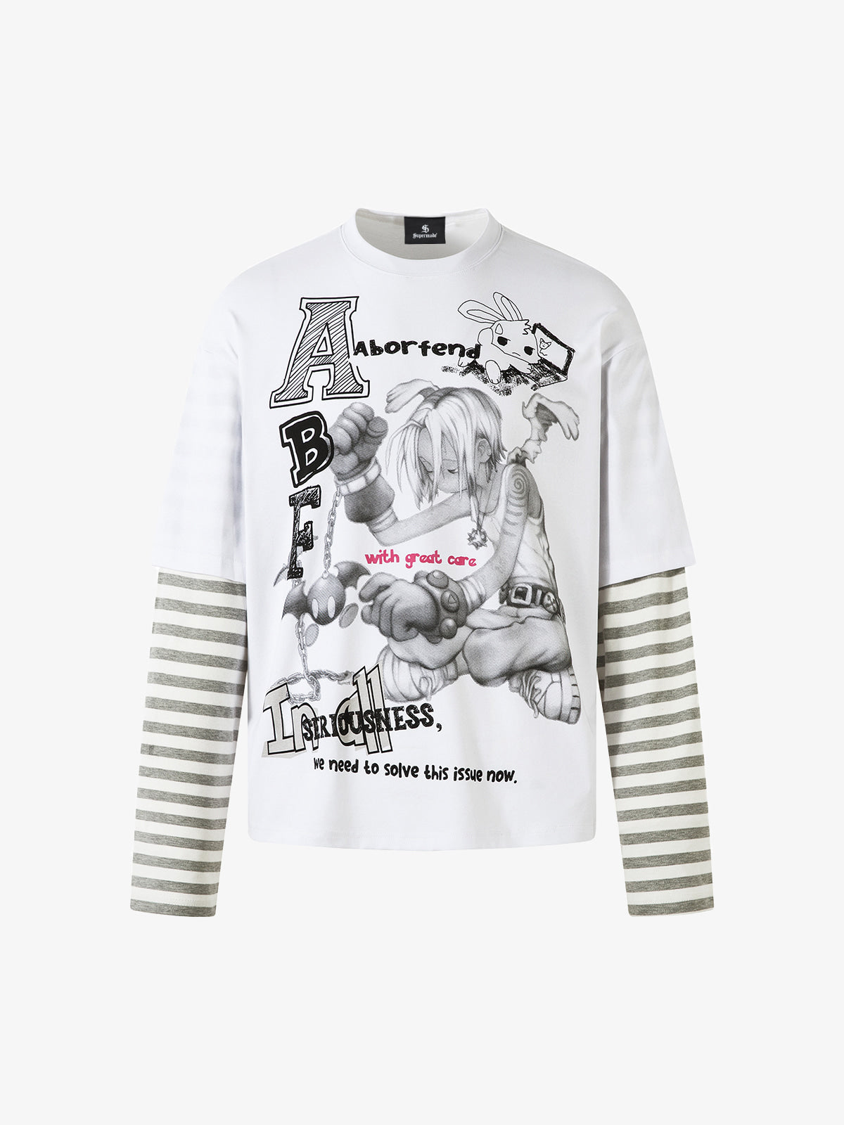 Long-Sleeve with Cartoon Print and Striped Sleeves