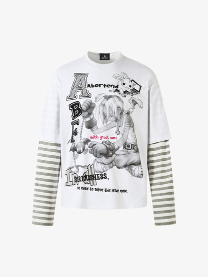 Long-Sleeve with Cartoon Print and Striped Sleeves