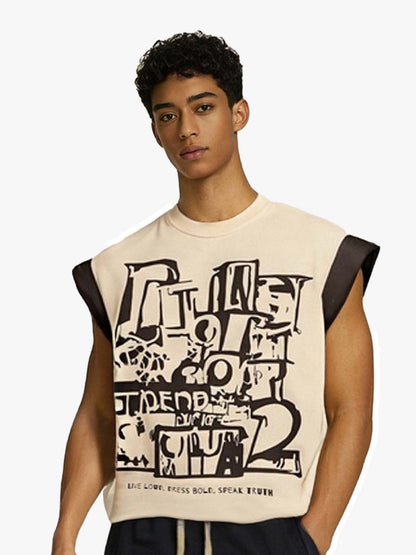 Raw Edge Sleeveless T-Shirt with Graffiti Graphic and Contrast Trim
