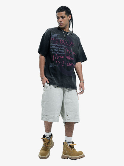 Distressed Graffiti Text Print Tee with Spray Effect