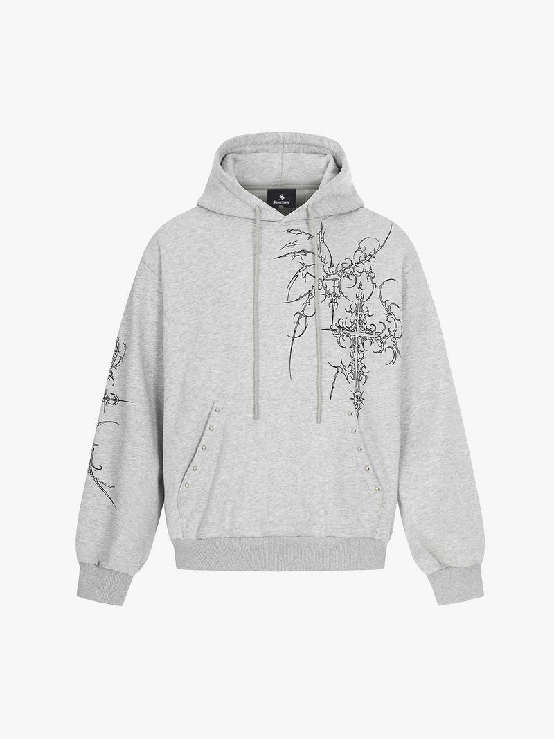 Floral Line Art Studded Pocket Hoodie