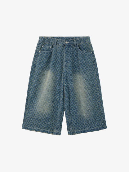 Retro Distressed Textured Ripped Wide-Leg Denim Shorts