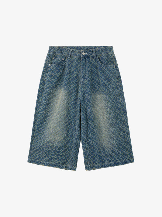 Retro Distressed Textured Ripped Wide-Leg Denim Shorts