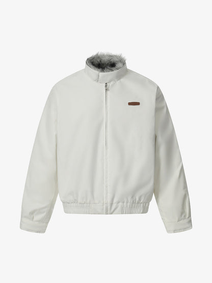 Retro Stand Collar Faux Fur Lined Bomber Jacket