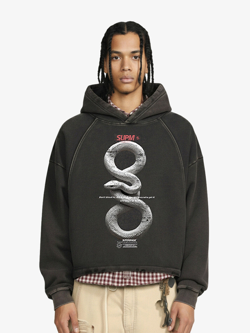 Vintage Washed Snake Appliqué Pullover Hoodie
