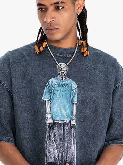 Retro Distressed Skeleton Print Oversized Tee