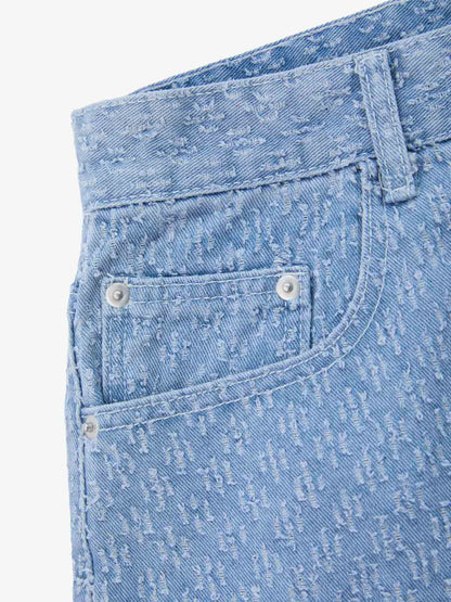 Retro Distressed Textured Ripped Wide-Leg Denim Shorts