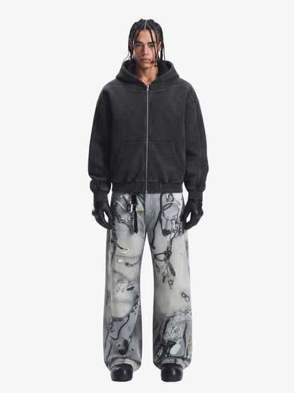 Vintage Washed Panel Construction Zip-Up Hoodie