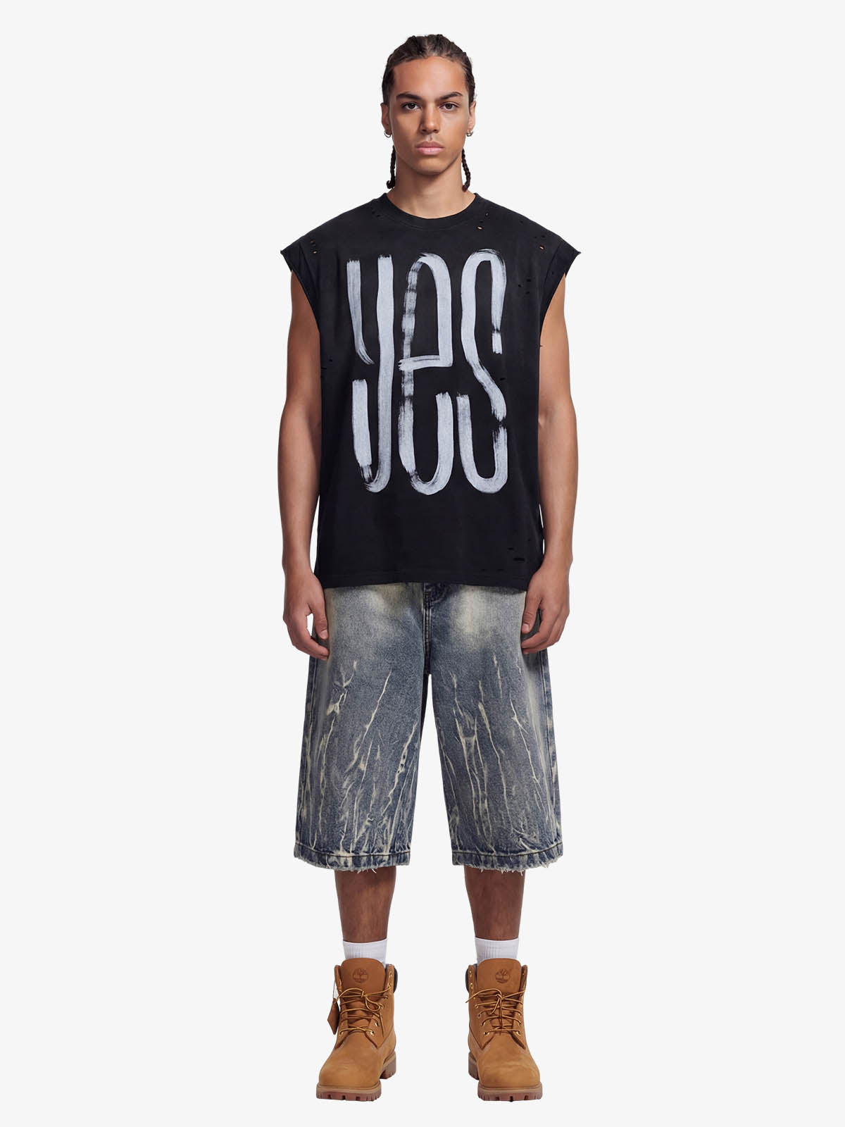 Retro Distressed Sleeveless Knit Tee with Letter Print