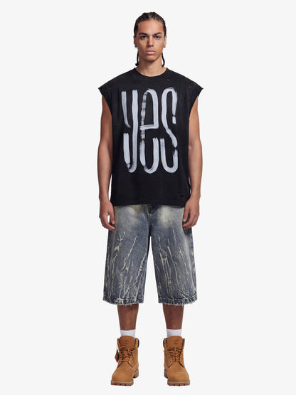 Retro Distressed Sleeveless Knit Tee with Letter Print