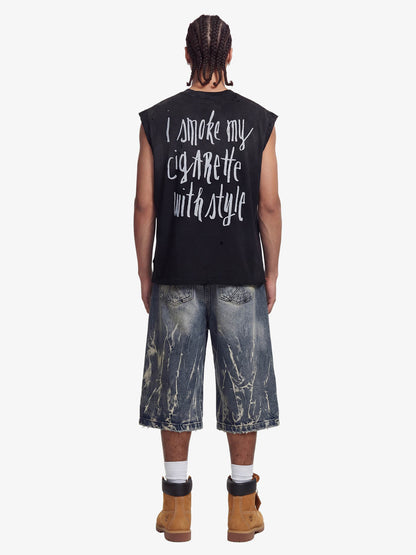 Retro Distressed Sleeveless Knit Tee with Letter Print