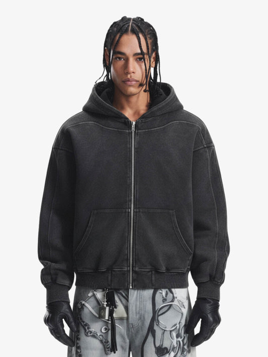Vintage Washed Panel Construction Zip-Up Hoodie