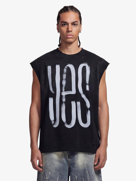 Retro Distressed Sleeveless Knit Tee with Letter Print
