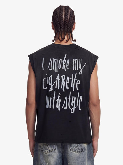 Retro Distressed Sleeveless Knit Tee with Letter Print