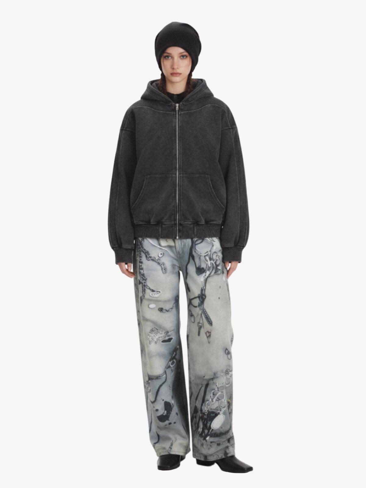 Vintage Washed Panel Construction Zip-Up Hoodie