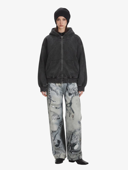 Vintage Washed Panel Construction Zip-Up Hoodie