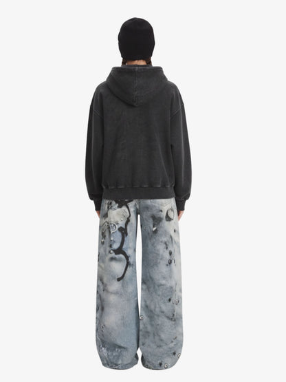 Vintage Washed Panel Construction Zip-Up Hoodie