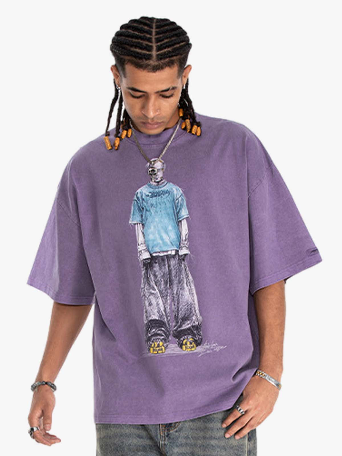 Retro Distressed Skeleton Print Oversized Tee