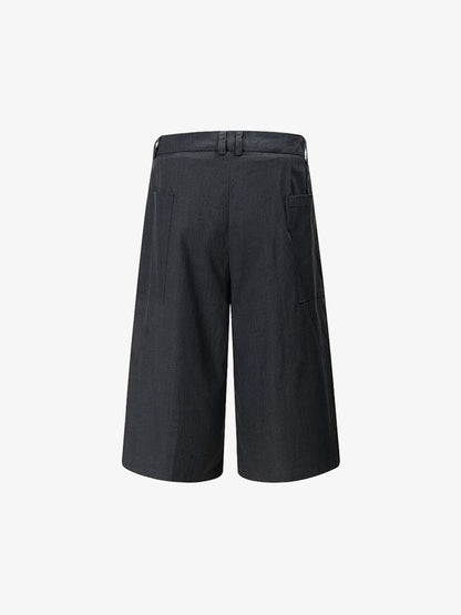 Pleated Wide-Leg Denim Shorts