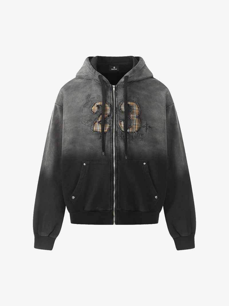 Distressed "23" Patch Zip Up Hoodie