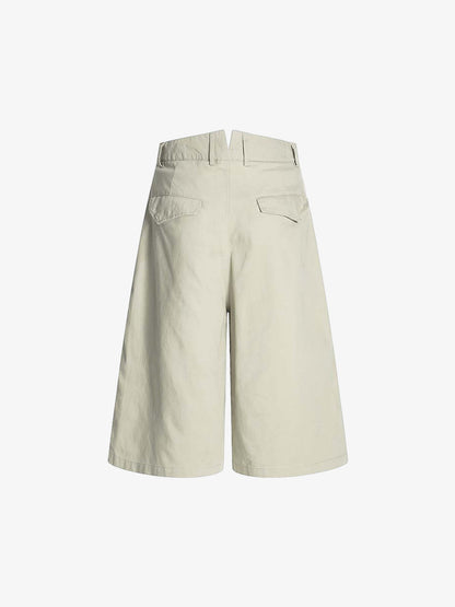 Wide Leg Pleated Cotton Denim Shorts