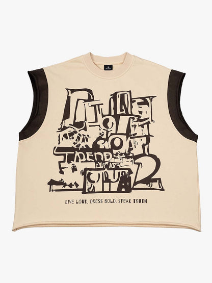 Raw Edge Sleeveless T-Shirt with Graffiti Graphic and Contrast Trim